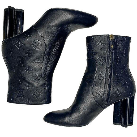 Louis Vuitton Silhouette Black Leather Monogram Flower Heel Ankle Boots Size 38 - Picture 6 of 13